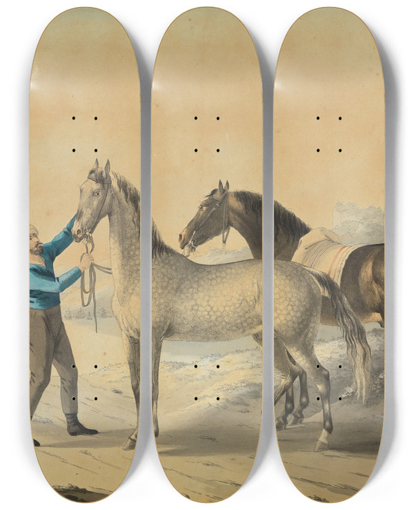 Triptych art skateboard deck of Johann Georg Pforr Trke Mit Zwei Pferden Am Meer by Johann Georg Pforr (1745-1798)