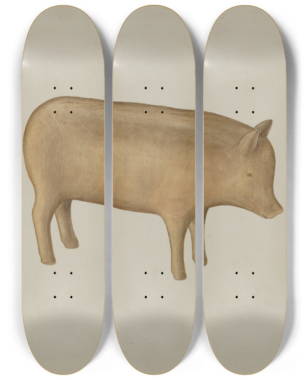 Triptych art skateboard deck of Wilbur M Rice Wooden Pig by Wilbur M Rice