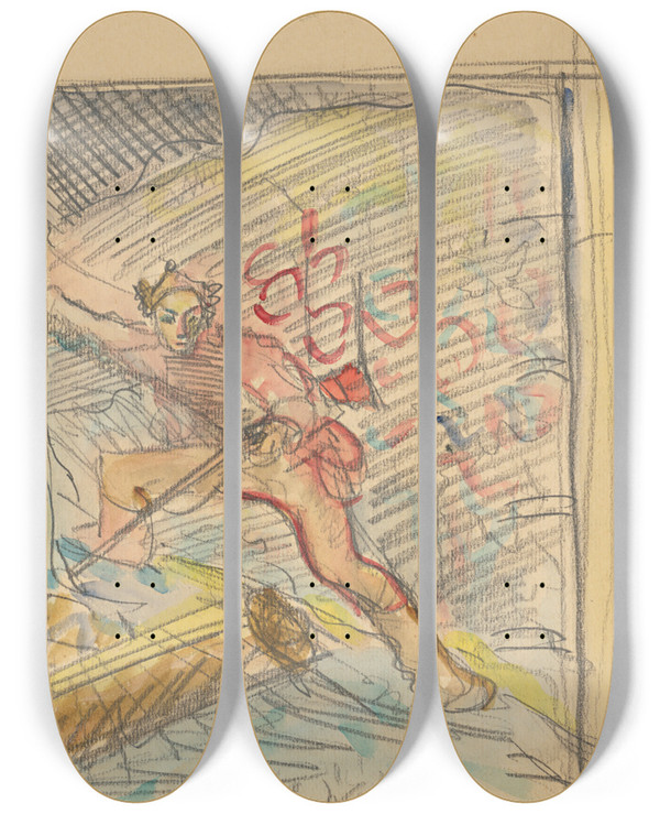Triptych art skateboard deck of Arnold Peter Weiszkubnan Tdia Lovca by Arnold Peter Weisz-Kubnan (1898-1944)