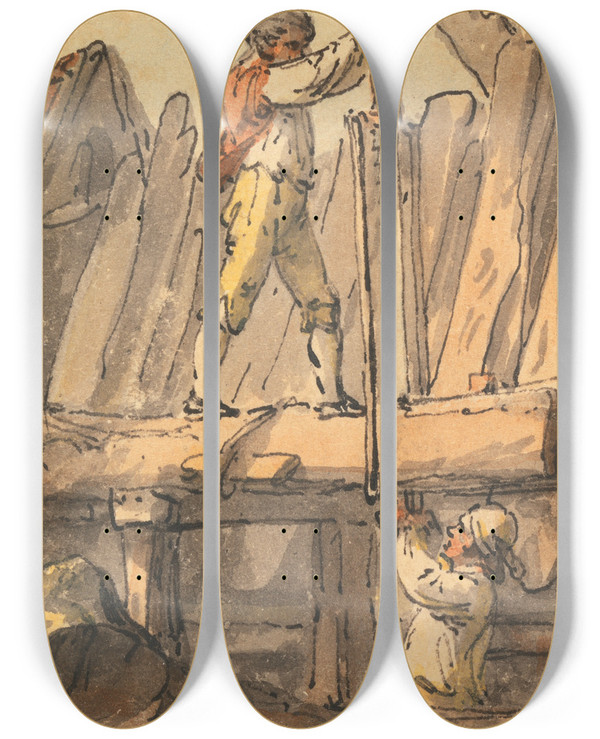 Triptych art skateboard deck of Julius Caesar Ibbetson Sawed Into Planks by Julius Caesar Ibbetson (1759-1817)