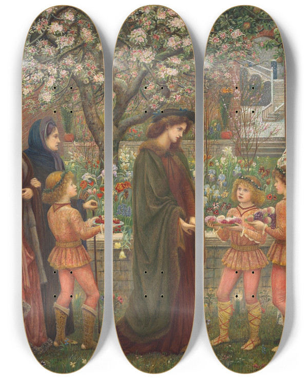 Triptych art skateboard deck of Marie Spartali Stillman The Enchanted Garden by Marie Spartali Stillman (1844-1927)