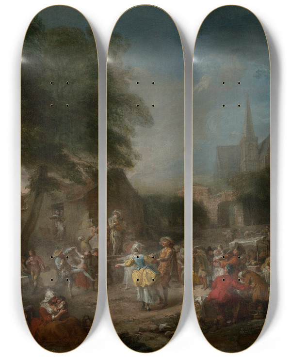 Triptych art skateboard deck of Gabriel Jacques De Saintaubin The Country Dance by Gabriel Jacques de Saint-Aubin (1724-1780)