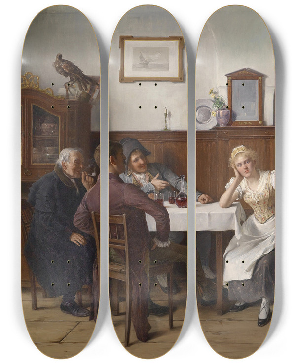Triptych art skateboard deck of Josef Kinzel Im Wirtshaus by Josef Kinzel (1852-1925)