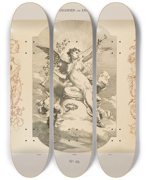 Triptych art skateboard deck of Albert Ilg Allegorien Und Embleme Vol I Pl130 by Albert Ilg (1847-1896)