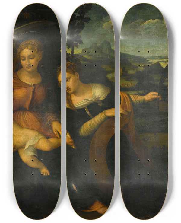 Triptych art skateboard deck of Francesco Torbido Holy Family With Saint Catherine by Francesco Torbido (1486-1562)