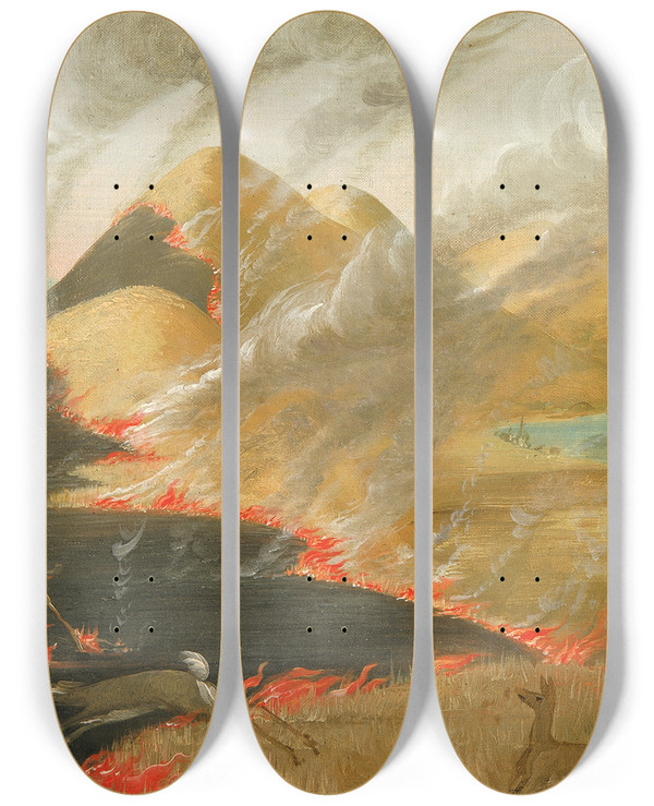 Triptych art skateboard deck of George Catlin Prairie Bluffs Burning by George Catlin (1796-1872)