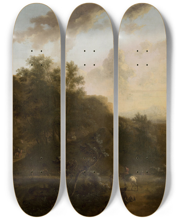 Triptych art skateboard deck of Frederik De Moucheron Italian Landscape by Frederik De Moucheron (1633-1686)