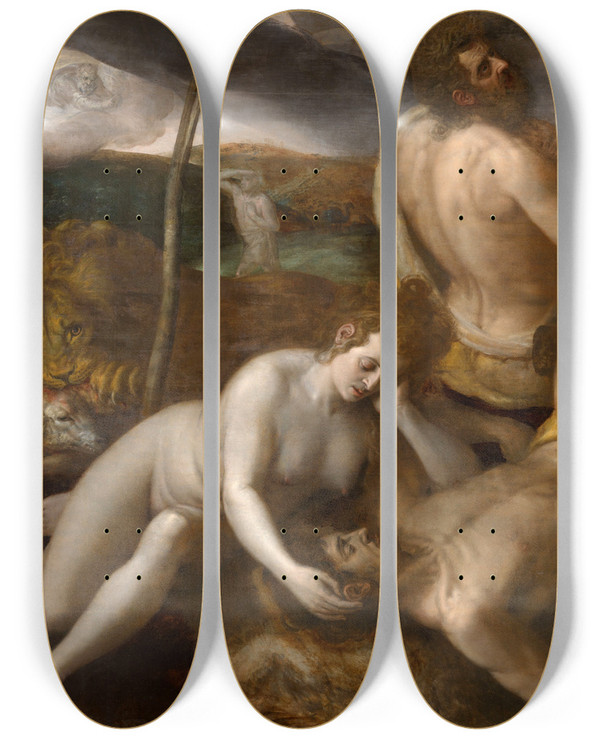 Triptych art skateboard deck of Frans Floris The Lamentation Over Abel by Frans Floris (1519-1570)