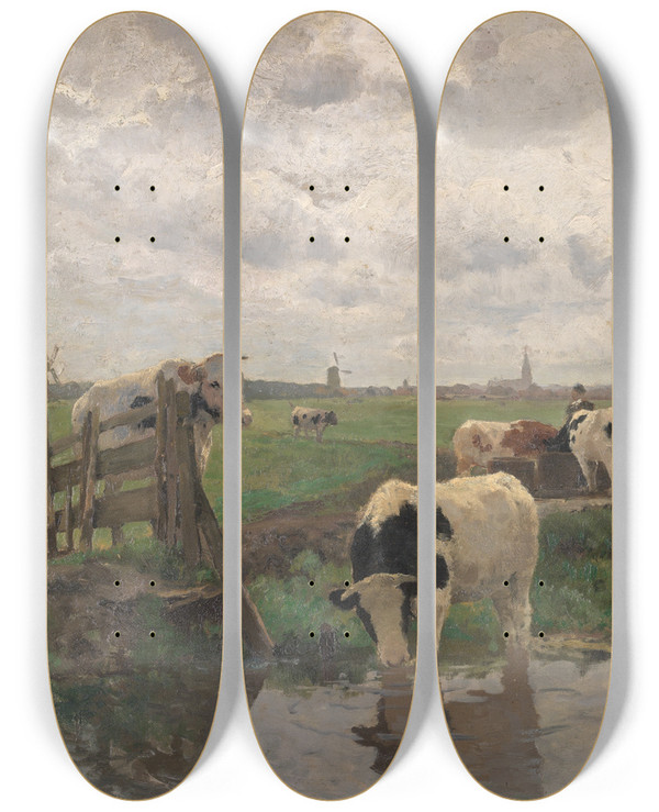 Triptych art skateboard deck of Hermann Baisch Rinder An Der Trnke Bei Overschie by Hermann Baisch (1846-1894)