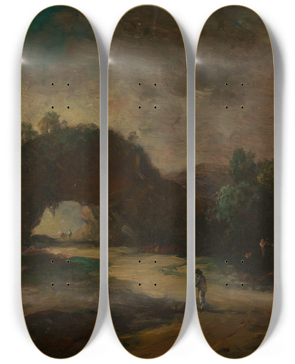 Triptych art skateboard deck of Christian Wilhelm Ernst Dietrich Landschaft Mit Einem Von Buschwerk Berwachsenen Felsenbogen by Christian Wilhelm Ernst Dietrich (1712-1774)