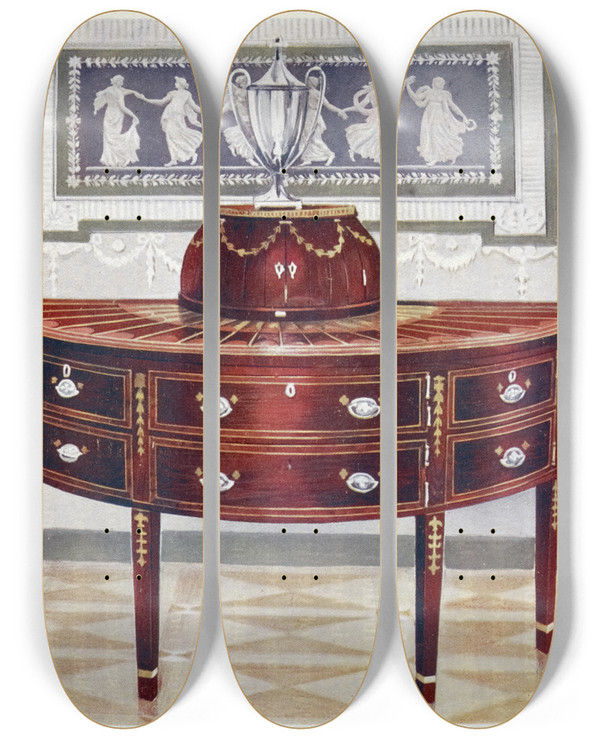 Triptych art skateboard deck of Edwin Foley Semicircular Mahogany Sideboard And Knifebox Inlaid And Banded With Satinwood Mahogany And Ebony by Edwin Foley (1859-1912)