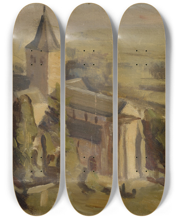 Triptych art skateboard deck of William De Goumois Landscape With Medieval Church by William de Goumois (1865-1941)