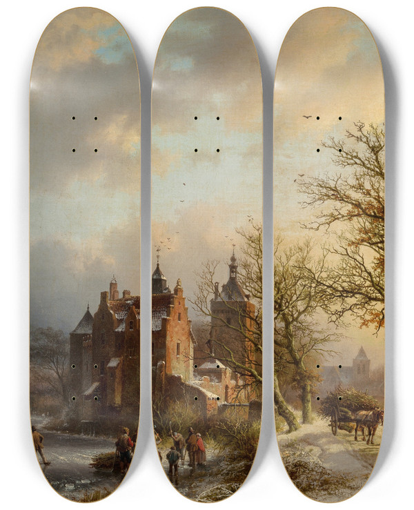 Triptych art skateboard deck of Barend Cornelis Koekkoek Winter Landscape With Wood Gatherers And Skaters by Barend Cornelis Koekkoek (1803-1862)
