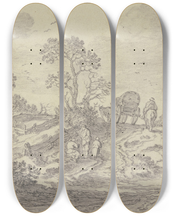 Triptych art skateboard deck of Pieter De Molijn Weg Ber Einen Hgel Mit Einem Wagen Und Einem Reiter Vorn Drei Figuren by Pieter de Molijn (1595-1661)