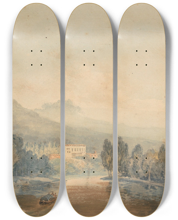 Triptych art skateboard deck of Joseph Mallord William Turner Villa Salviati On The Arno by Joseph Mallord William Turner (1775-1851)