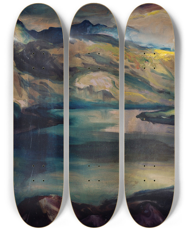 Triptych art skateboard deck of Richard Harlfinger Bergsee by Richard Harlfinger (1873-1948)