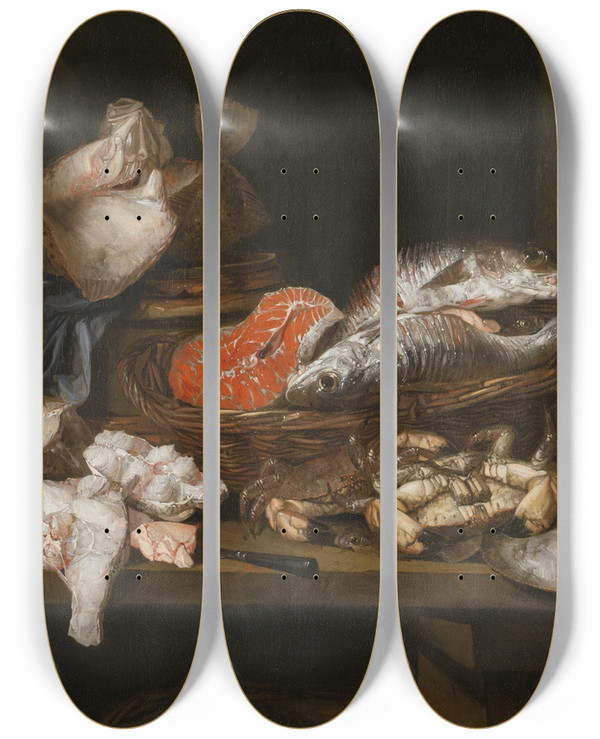 Triptych art skateboard deck of Abraham Van Beijeren Still Life With Fish And Crustaceans by Abraham Van Beyeren (1620-1690)