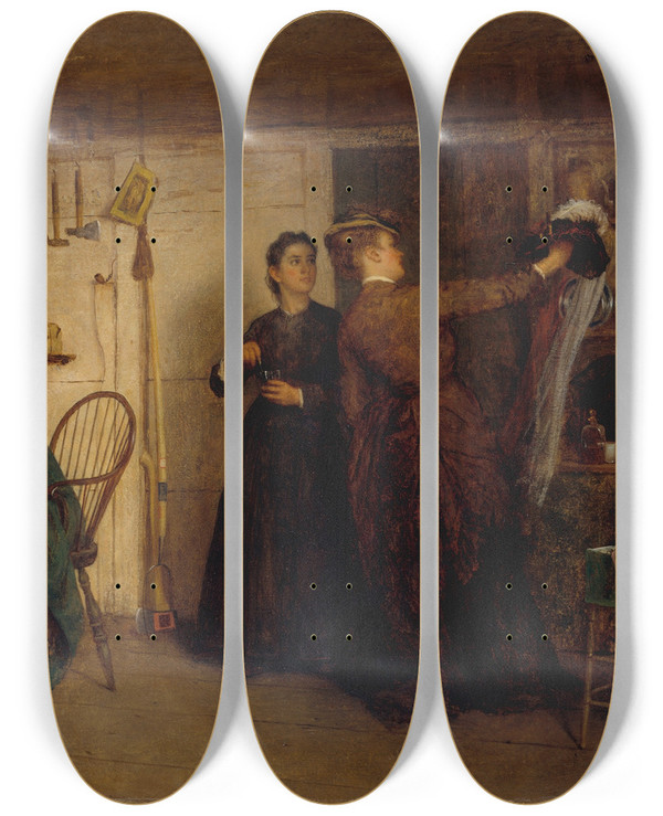 Triptych art skateboard deck of Eastman Johnson The New Bonnet by Eastman Johnson (1824-1906)