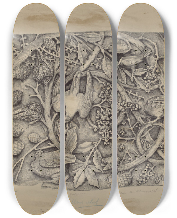 Triptych art skateboard deck of Helen Blumenstiel Carved Stone Pattern by Helen Blumenstiel
