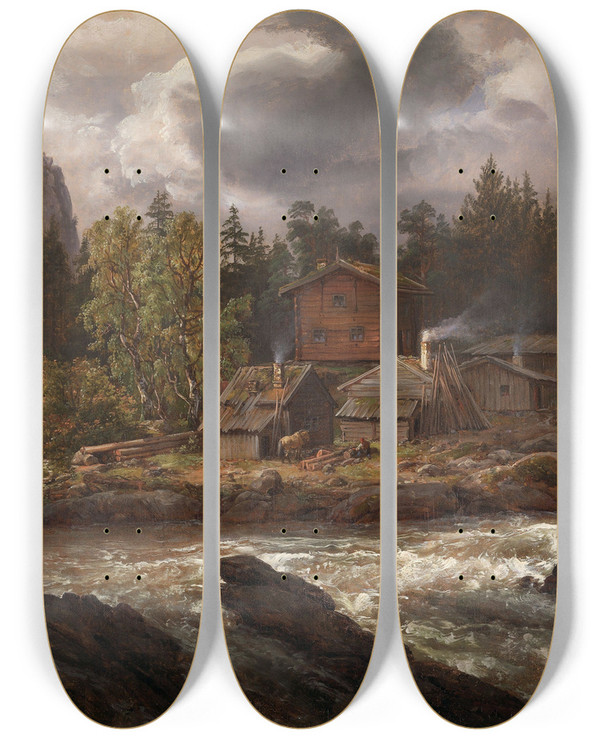 Triptych art skateboard deck of Johan Christian Dahl View Of Hnefossen by Johan Christian Dahl (1788-1857)
