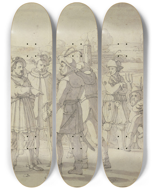 Triptych art skateboard deck of Franz Pforr Gtz Von Berlichingen Trifft Die Bauernfhrer by Franz Pforr (1788-1812)