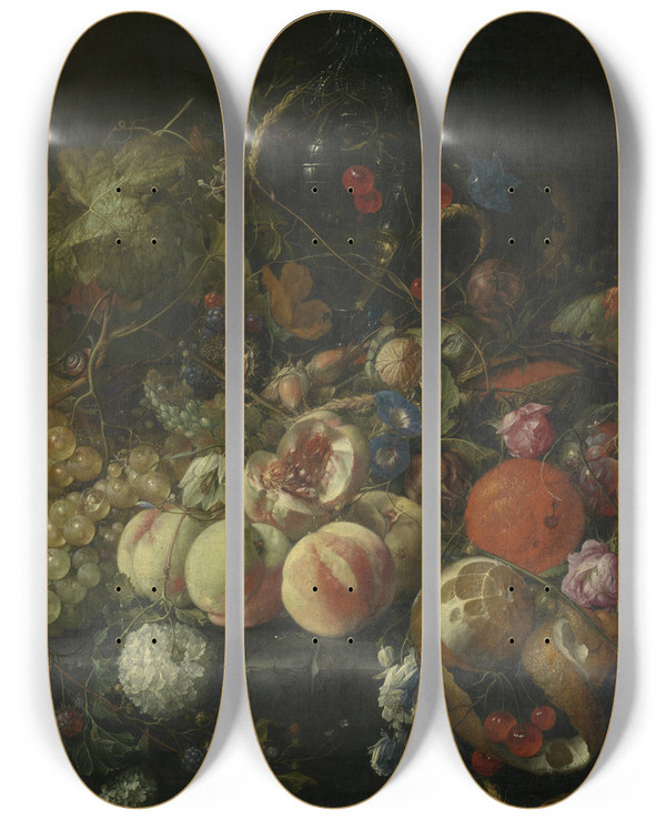 Triptych art skateboard deck of Cornelis De Heem Still Life With Flowers And Fruit by Cornelis de Heem (1631-1695)