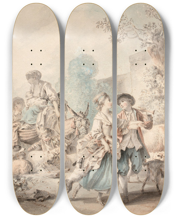 Triptych art skateboard deck of Jeanbaptiste Huet Le Dpart Dune Foire by Jean-Baptiste Huet (1745-1811)