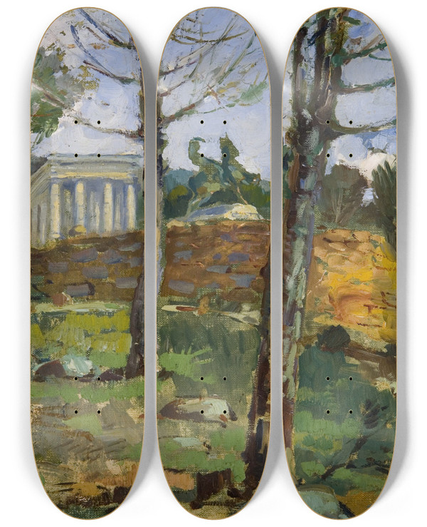 Triptych art skateboard deck of Pieter Wenning Rhodes Memorial by Pieter Wenning (1873-1921)