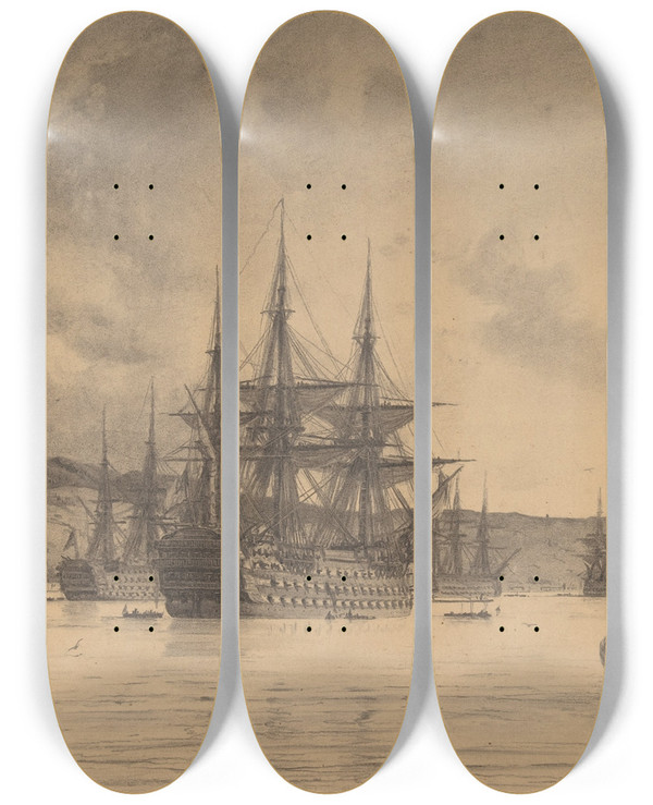 Triptych art skateboard deck of Anton Melbye Lescadre Anglaise by Anton Melbye (1818-1875)