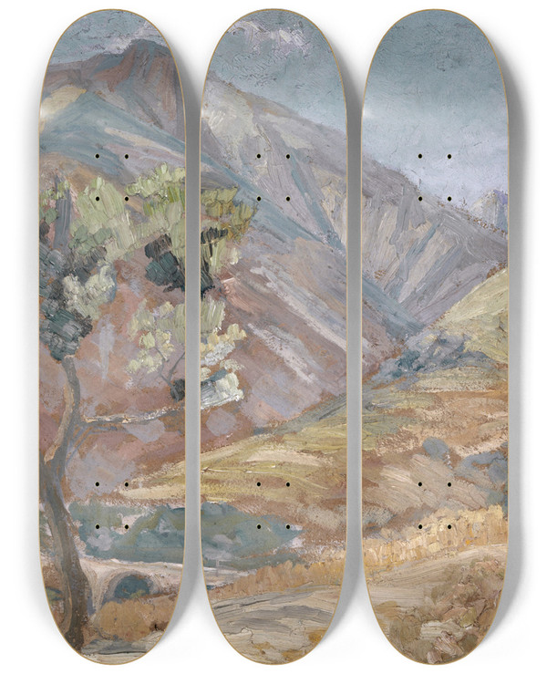 Triptych art skateboard deck of Ernst Schiess Olive In The Corsican Mountains by Ernst Schiess (1872-1919)