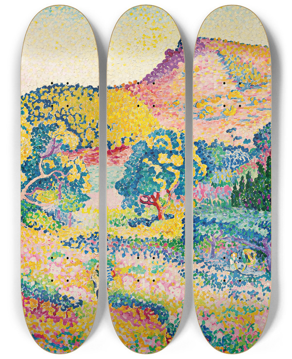 Triptych art skateboard deck of Henriedmond Cross Paysage Avec Le Cap Ngre by Henri-Edmond Cross (1856-1910)