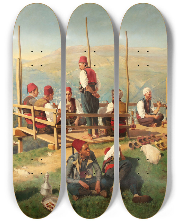 Triptych art skateboard deck of Franz Leo Ruben Trkisches Kaffeehaus In Sarajevo by Franz Leo Ruben (1842-1920)