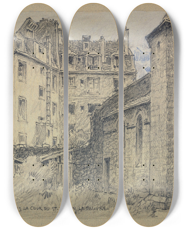 Triptych art skateboard deck of Ferdinand Boberg Dans La Cour De Saintjulienlepauvre by Ferdinand Boberg (1860-1946)