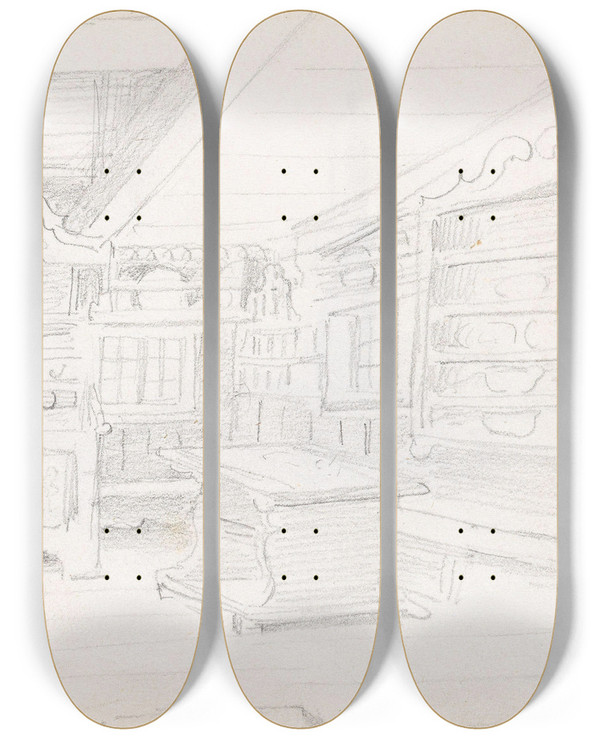 Triptych art skateboard deck of Adolph Tidemand Stueinterir by Adolph Tidemand (1814-1876)