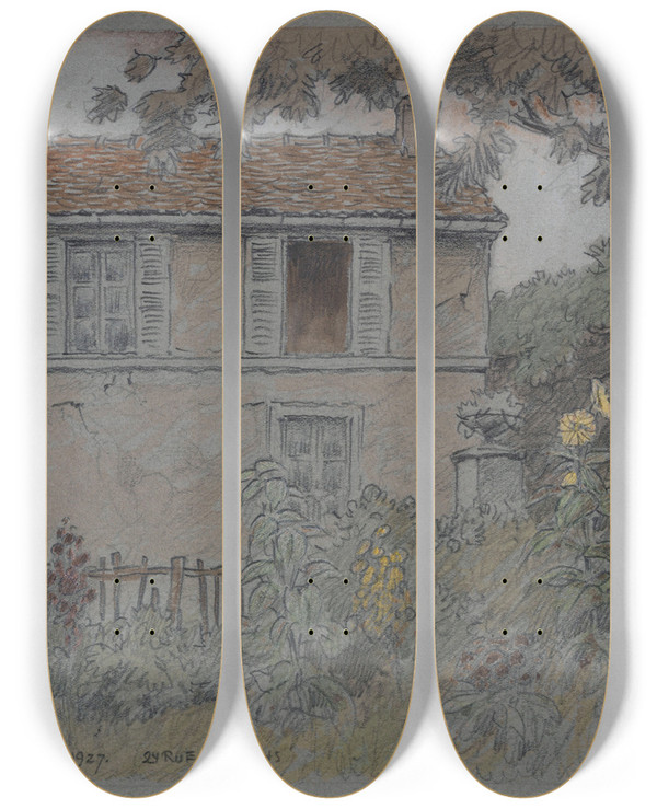 Triptych art skateboard deck of Ferdinand Boberg Une Maison 24 Rue Norvins by Ferdinand Boberg (1860-1946)