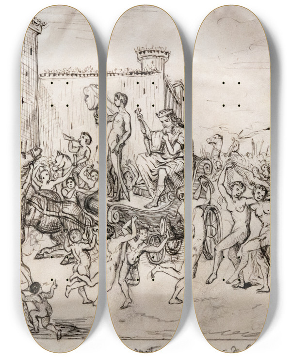Triptych art skateboard deck of Jeanbaptiste Cariven David Returns Winner Of Goliath by Jean-Baptiste Cariven (1843-1904)