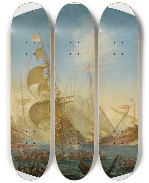 Triptych art skateboard deck of Orazio Grevenbroeck A Naval Battle Between Turks And Christians by Orazio Grevenbroeck (1670-1730)