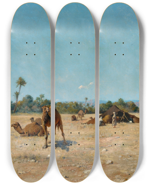 Triptych art skateboard deck of Jean Baptiste Paul Lazerges Bedouin Camp Biskra by Jean Baptiste Paul Lazerges (1845-1902)