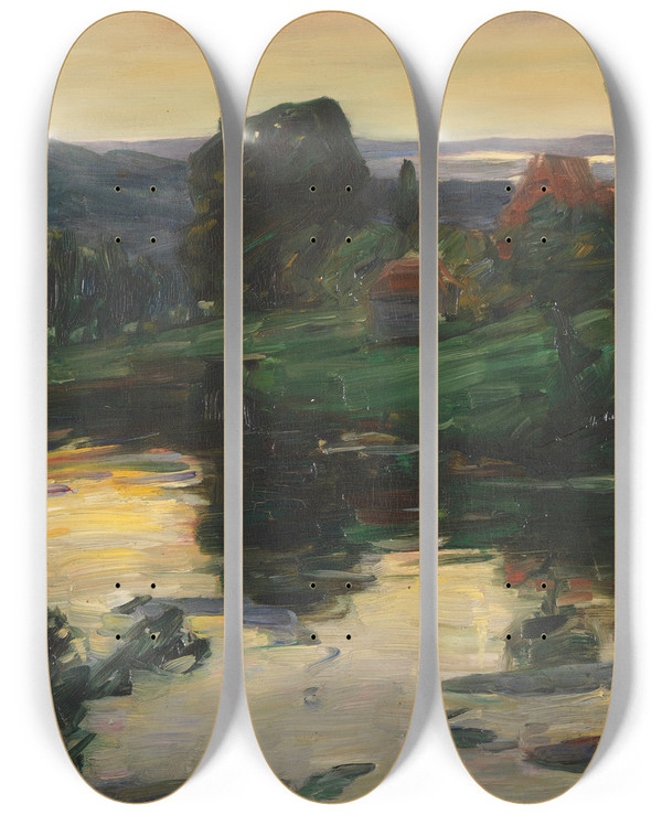 Triptych art skateboard deck of Leo Putz Landschaft An Den Osterseen by Leo Putz (1869-1940)