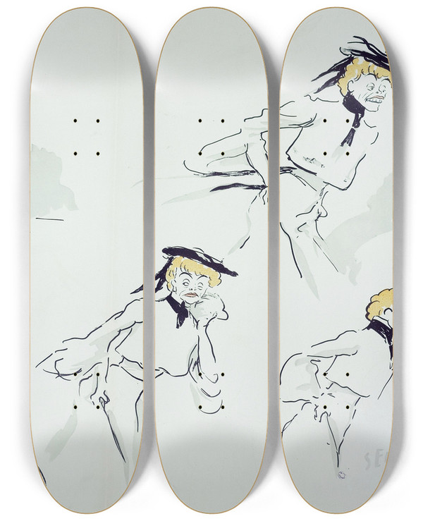 Triptych art skateboard deck of Georges Goursat Sem Gabrielle Rju Dite Rjane by Georges Goursat (Sem) (1863-1934)