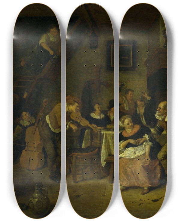 Triptych art skateboard deck of Jan Steen Peasant Wedding by Jan Steen (1626-1679)