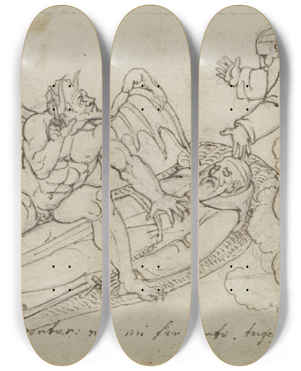 Triptych art skateboard deck of Joseph Anton Koch Skizze Zu Guido Da Montefeltro Dante Inferno Canto 27 by Joseph Anton Koch (1768-1839)
