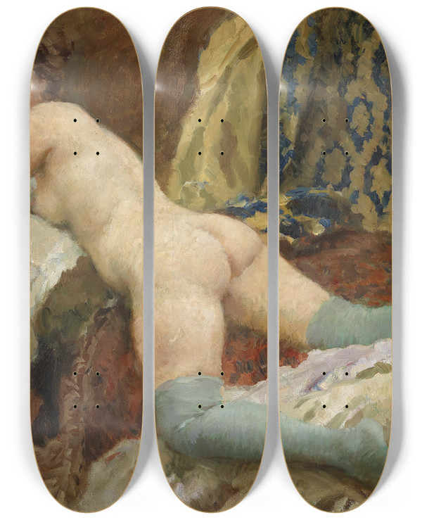 Triptych art skateboard deck of Paul Paede Weiblicher Akt Mit Strmpfen by Paul Paede (1868-1929)