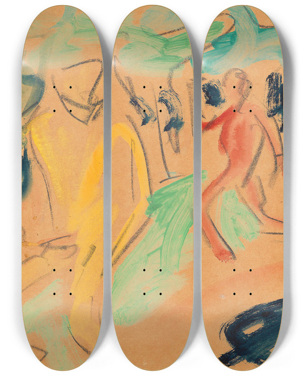 Triptych art skateboard deck of Ernst Ludwig Kirchner Badende Figuren In Bewegung by Ernst Ludwig Kirchner (1880-1938)