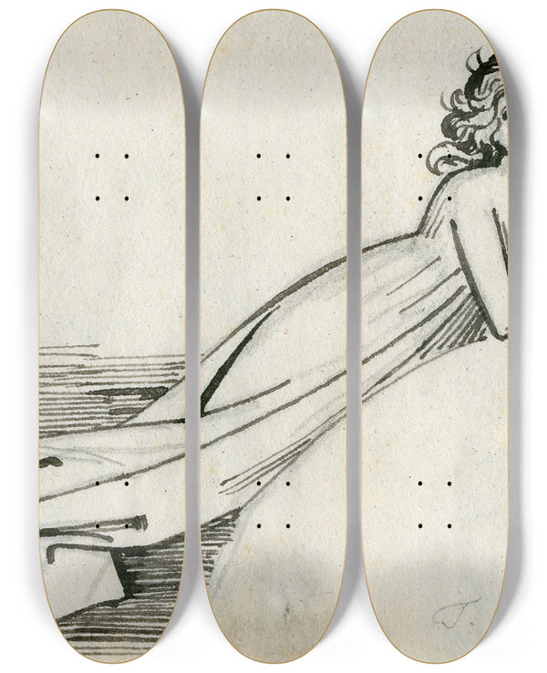 Triptych art skateboard deck of David Humbert De Superville Zwevende Vrouw In Gewaad Op De Ellebogen Leunend by David Humbert De Superville (1770-1849)