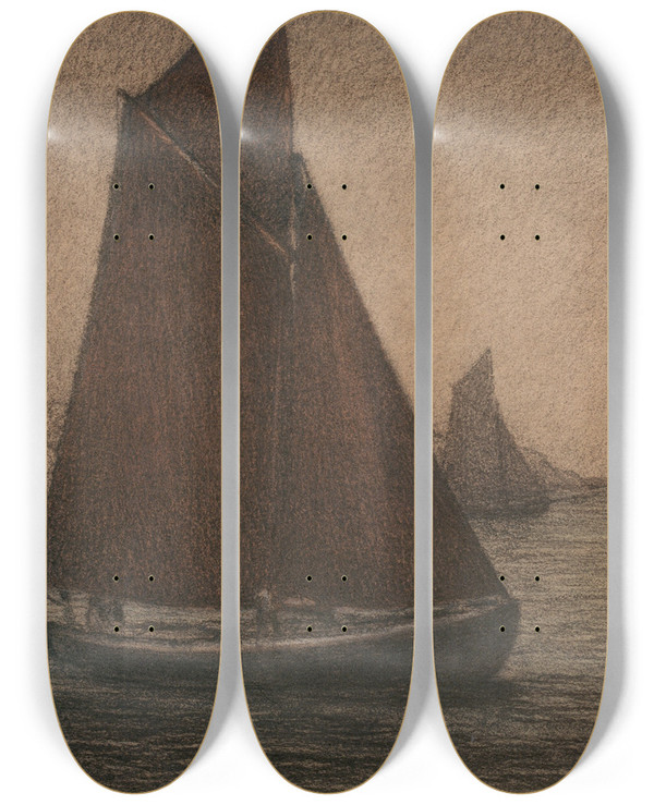Triptych art skateboard deck of Karl Nordstrm Net Fishing Boats by Karl Nordstrom (1855-1923)