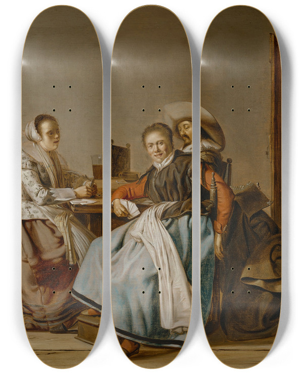 Triptych art skateboard deck of Pieter Codde Card Players In An Interior by Pieter Codde (1599-1678)