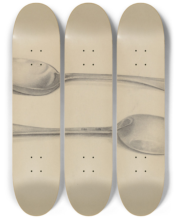 Triptych art skateboard deck of Charles Garjian Two Silver Soup Spoons by Charles Garjian