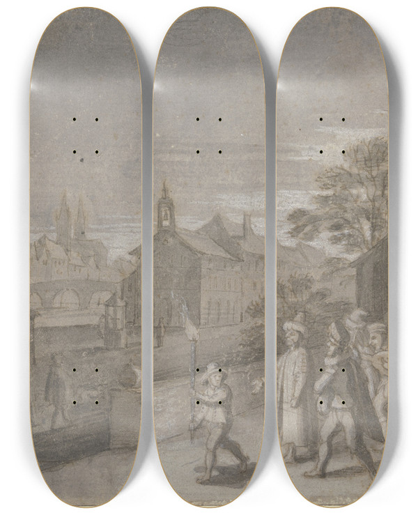 Triptych art skateboard deck of Matthus Merian The Elder Monatsbild Februar by Matthus Merian the elder (1593-1650)