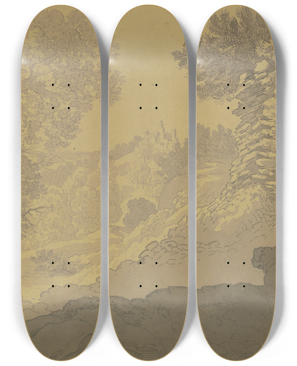 Triptych art skateboard deck of Ferdinand Fellner Romantische Landschaft Mit Hund by Ferdinand Fellner (1799-1859)